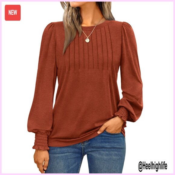 Tops - Long Sleeve Pleated Blouse Smocked Cuffs Business Casual Top
